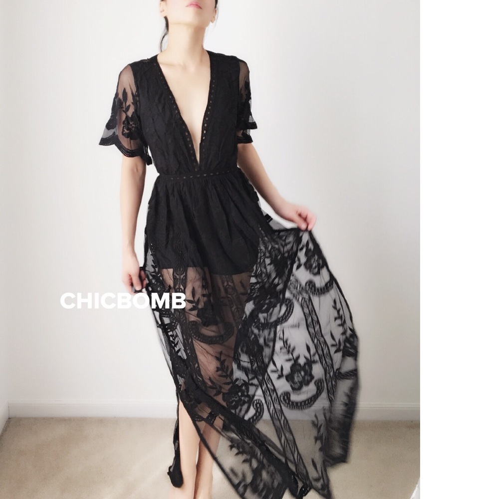 5 Star Rating -SEXY Lace Romper Maxi Dress - Picture 3 of 6